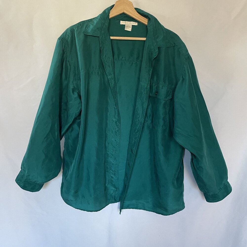 The Limited 100% Silk women's‎ L vintage button down long sleeved top turquoise